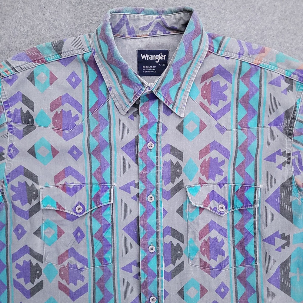 Vtg Wrangler Brushpopper Shirt 17 XL Grey Aztec Southwest Rodeo Checotah USA 90s